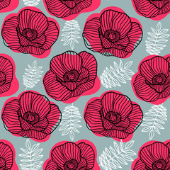 Spring bright seamless floral pattern with hand drawn red poppy flowers on gray background. Ditsy print. Vector illustration
