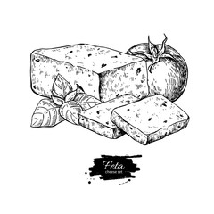 Greek feta cheese block drawing. Vector hand drawn food sketch