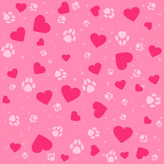 Seamless lovely pattern with small hearts and paw prints dog. Vector cute pets background. Gift wrap, print, cloth, cute background for a card.