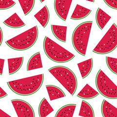 Seamless colorful pattern with red watermelon slices on white background. Vector illustration