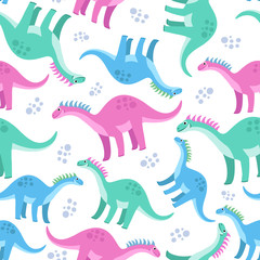Cute colorful seamless pattern with dinosaurs on white background. Bright background for kids. Vector illustration for textile manufacturing, notebooks etc