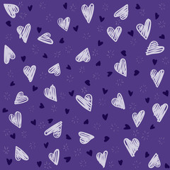 Seamless lovely pattern with hand drawing hearts. Vector purple holiday background. Gift wrap, print, cloth, cute background for a card.