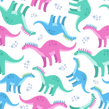 Cute colorful seamless pattern with dinosaurs on white background. Bright background for kids. Vector illustration for textile manufacturing, notebooks etc