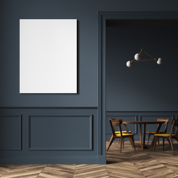 Black dining roominterior, wooden chairs poster