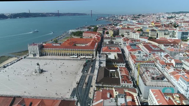 Aerial view of Commerce Square in portuguese Praca do Comercio located in city of Lisbon Portugal situated near Tagus river square is still commonly known as Terreiro do Paco in english Palace Yard 4k
