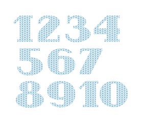 Numbers, knitted font, vector, blue. Figures with serifs. Vector font. Simulation of knitted blue fabric. Vector picture.  