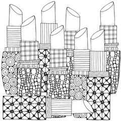 Pattern with lipstick in zentangle style. Coloring book page for adult. Black and white patterns. Girl's accessyare.