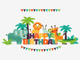 Fototapeta premium Happy birthday - lovely vector card with funny cute animals and garlands