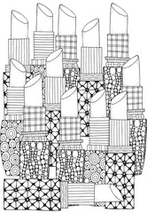 Pattern with lipstick in zentangle style. Coloring book page for adult. A4 size. Black and white patterns. Girl's accessyare.