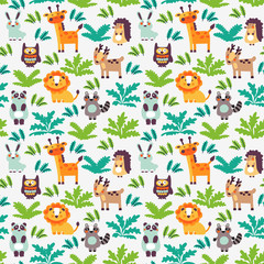 Funny animal seamless vector pattern with white background made of wild animals in jungle