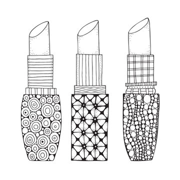 Set of lipstick in zentangle style. Coloring book page for adult. Black and white patterns. Girl's accessyare.