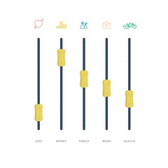Control panel with sliders. Analog sound mixer or console. Remote control of the balance of life. Flat design. Vector illustration.