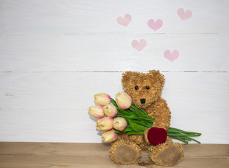 Teddy bear over-white. bear with tulips. bear. hearts. tulips pink with a teddy bear. tulips. pink tulips. Valentine's Day, Valentine's Day.