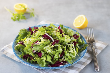 Vegetarian salad on a blue plate. Concept of vegetarianism and raw food.