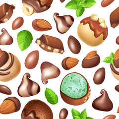 Background of alcoholic chocolate candy with nuts. Seamless vector illustration.