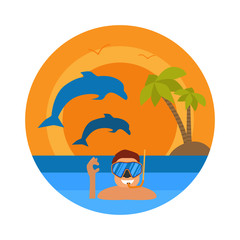 Underwater sportsman with snorkel mask and flippers. Scuba diver man in round diving suit icon. Summer diving concept with diver in wetsuit and undersea elements: snorkel, dolphin. Vector illustration