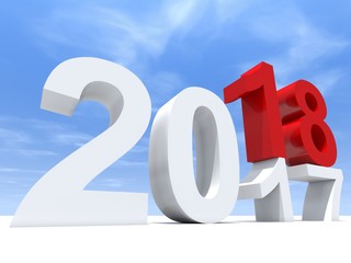 2018 white and red abstract happy new year eve, holiday symbol or number on 2017 text on white snow and sky background. Celebration of time change, season or future metaphor for hope 3d illustration
