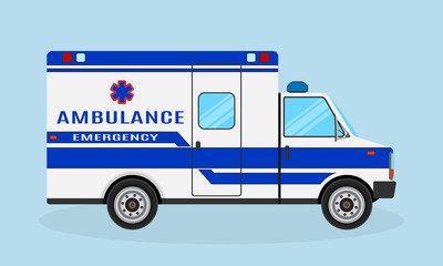 Ambulance car. Emergency medical service vehicle. Hospital transport. Medicine transportation van.