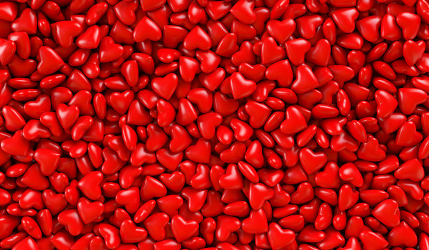 Red hearts in a box. Background texture of hearts. Valentine's Day. 3d render illustration
