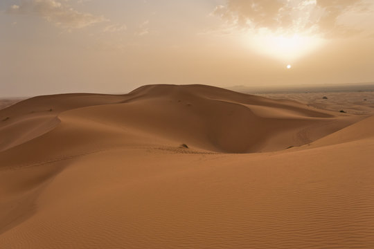 Sunrise over sand dunes in Erg Chebbi,  Sahara desert, Morocco, Africa