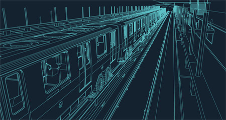 train in a metro station line drawing illustration in wire frame style © westCloud