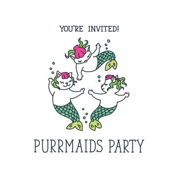 Vector invitation card template with cute cat mermaids.