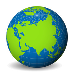 Earth globe with green world map and blue seas and oceans focused on Asia. With thin white meridians and parallels. 3D vector illustration.