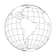 Outline Earth globe with map of World focused on South America. Vector illustration.