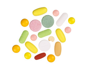  Tablets and pills.  Heap of  medical tablets, capsules and pills.