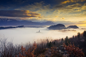 amazing sunrise at lake Bled from Ojstrica viewpoint, Slovenia, Europe - travel background