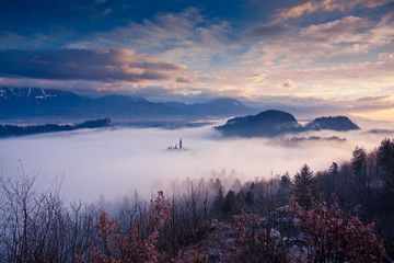 amazing sunrise at lake Bled from Ojstrica viewpoint, Slovenia, Europe - travel background