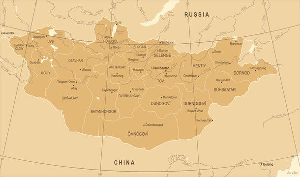 Mongolia Map - Vintage Detailed Vector Illustration