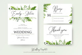 Wedding Invitation, floral invite, thank you, rsvp modern card Design: green fern leaves greenery, eucalyptus branches, forest foliage decorative frame print. Vector elegant watercolor rustic template