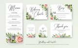 Wedding floral invite thank you, rsvp label cards Design with lavender pink violet garden rose, green palm leaf greenery eucalyptus branches decoration. Vector elegant watercolor rustic template set