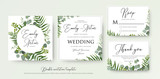 Wedding Invitation, floral invite, thank you, rsvp modern card Design: green tropical palm leaf greenery, eucalyptus branches, foliage decorative frame print. Vector elegant watercolor rustic template