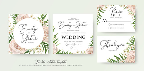 Obraz na płótnie Canvas Wedding floral watercolor style double invite, rsvp, thank you card design with pink, creamy white garden rose, wax flowers, green tropical palm tree leaves greenery frame. Vector elegant template set
