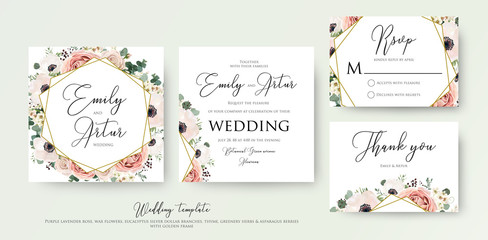 Floral Wedding Invitation elegant invite, thank you, rsvp card vector Design: garden flower pink, peach Rose, white wax Anemone, green Eucalyptus tender greenery, berry bouquet, golden geometric frame