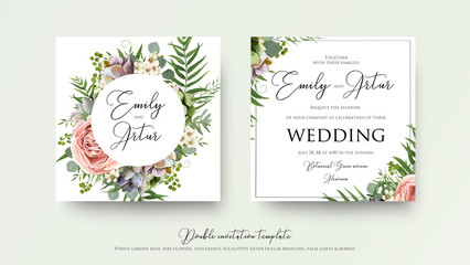 Wedding floral invite invitation card Design with lavender pink violet garden rose, green tropical palm leaf greenery eucalyptus branches decoration. Vector elegant watercolor rustic cute template set