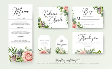 Wedding floral invite thank you, rsvp label cards Design with lavender pink violet garden rose, green palm leaf greenery eucalyptus branches decoration. Vector elegant watercolor rustic template set