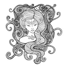 Surrealistic woman shaman, coloring page.