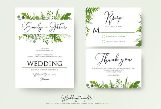 Wedding Invitation, floral invite, thank you, rsvp modern card Design: green fern leaves greenery, eucalyptus branches, forest foliage decorative frame print. Vector elegant watercolor rustic template