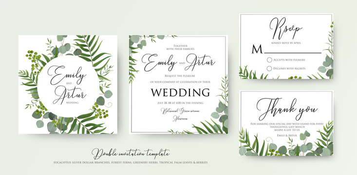 Wedding Invitation, floral invite, thank you, rsvp modern card Design: green tropical palm leaf greenery, eucalyptus branches, foliage decorative frame print. Vector elegant watercolor rustic template