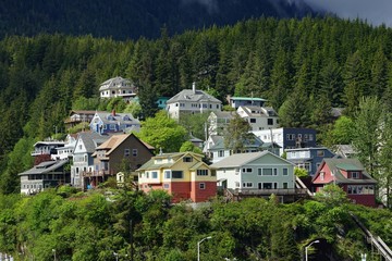 Fototapeta na wymiar A view of elevated houses in Ketchikan, Alaska