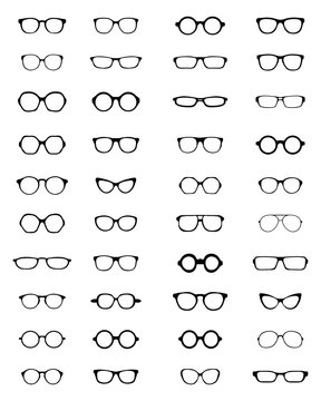 Silhouettes of different eyeglasses on a white background
