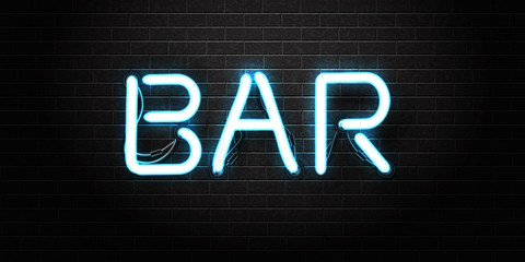 Vector realistic isolated neon sign of Bar lettering for decoration and covering on the wall background. Concept of night club, bar counter, cafe and restaurant.