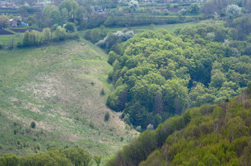 Spring forest, ravine and village from Jazlovets castle ruins, Ternopil Region, Ukraine