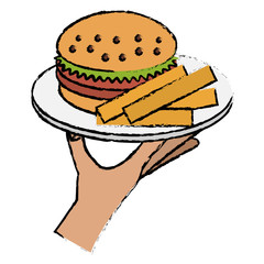 hand with french fries and burger