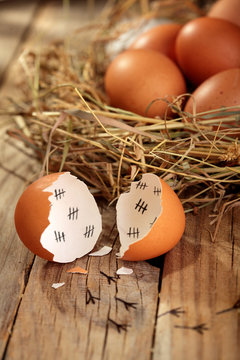 Chicken eggs in the nest. On wooden rustic background.Copy space