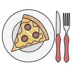 dish and cutlery with pizza