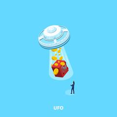 UFO takes all the money together with the safe in the man in a business suit, an isometric image